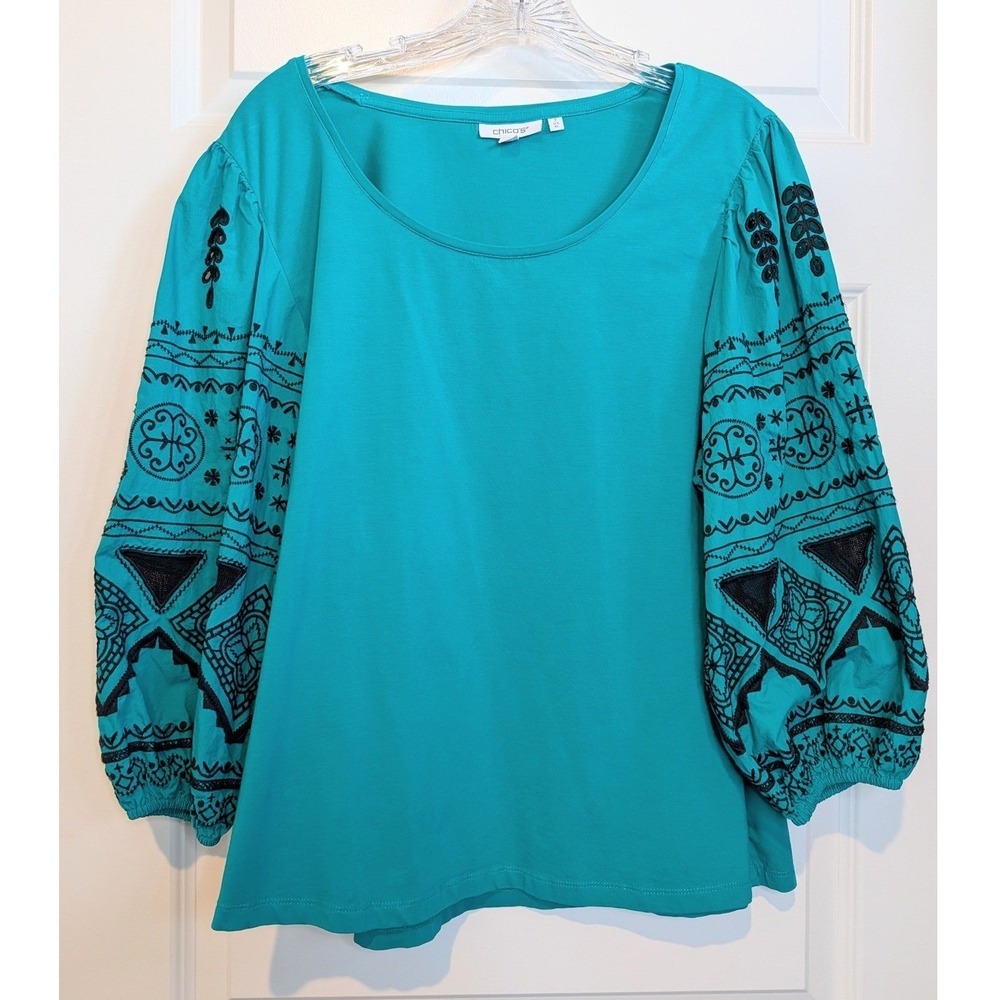 Chico's Embroidered Puff Sleeve Cotton Top - Picture 2 of 8